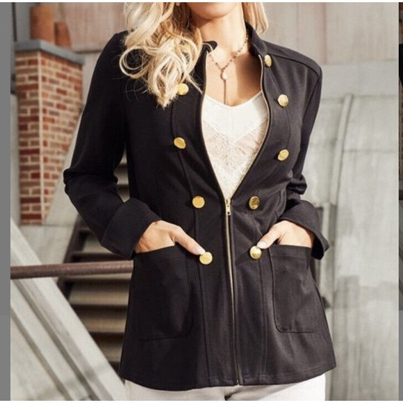 Suzanne Betro Military Jacket Casual Sz. Large Black Pocket Zip Up NEW - READ - Picture 1 of 11
